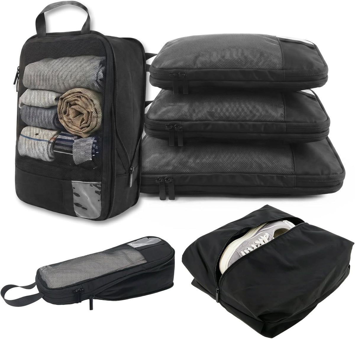 6-Piece Compression Packing Cubes for Travel, Oxford Luggage Organizers for Suitcases, Expandable Space Saving Travel Essentials with Double-Layer Shoe Bag, Black