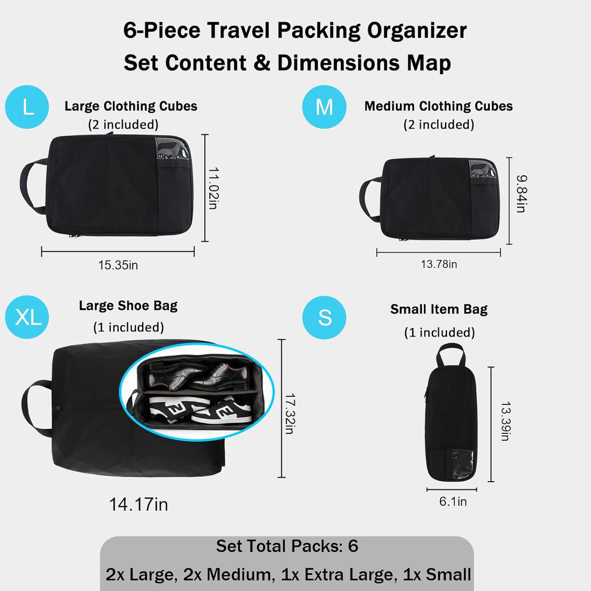 6-Piece Compression Packing Cubes for Travel, Oxford Luggage Organizers for Suitcases, Expandable Space Saving Travel Essentials with Double-Layer Shoe Bag, Black