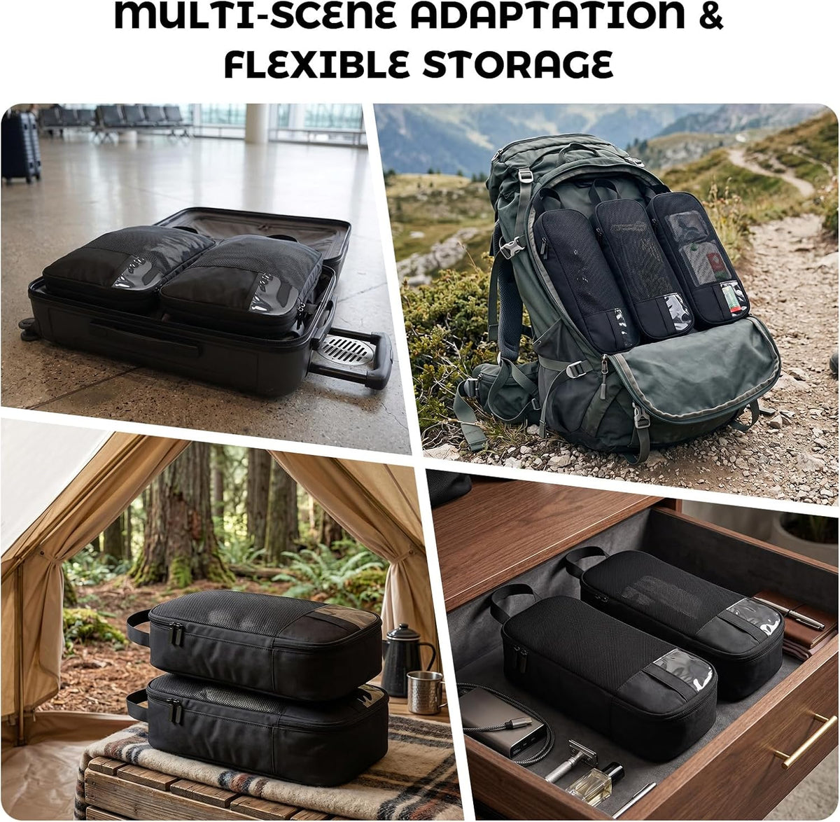 6-Piece Compression Packing Cubes for Travel, Oxford Luggage Organizers for Suitcases, Expandable Space Saving Travel Essentials with Double-Layer Shoe Bag, Black