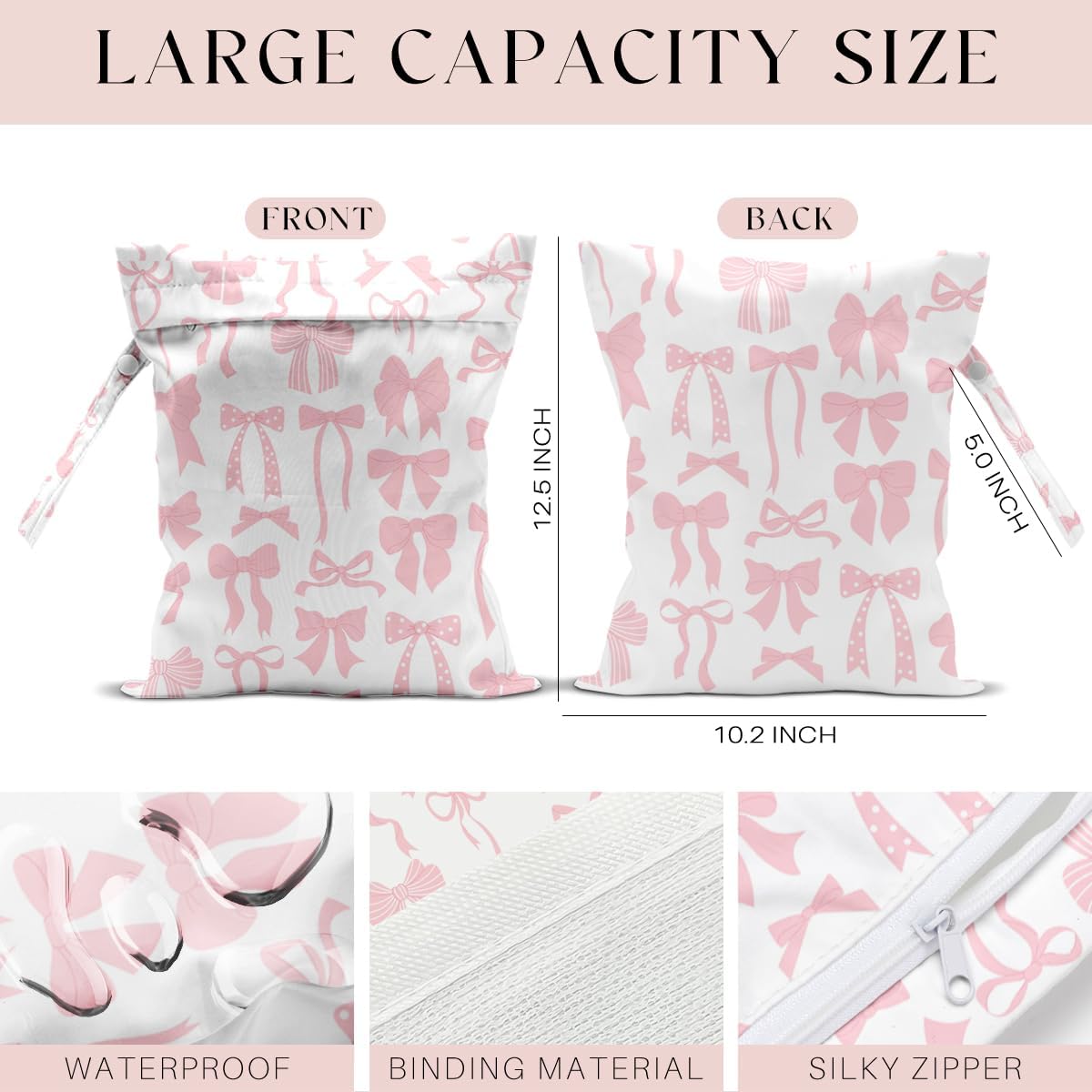 Wet Bag for Swimsuit, Beach Travel Essentials Wet Dry Bag, for Sunscreen Toiletry Dirty Clothes Yoga Gym Diaper, Friends Summer Beach Vacation Gifts. Pink bow