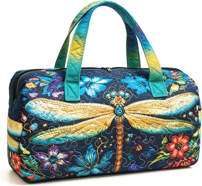 Women's Quilted Weekender Duffel Bag – Foldable Lightweight Travel Tote for Overnight Gym | 18"x9"x9", Colorful Patterns (Dragonfly)