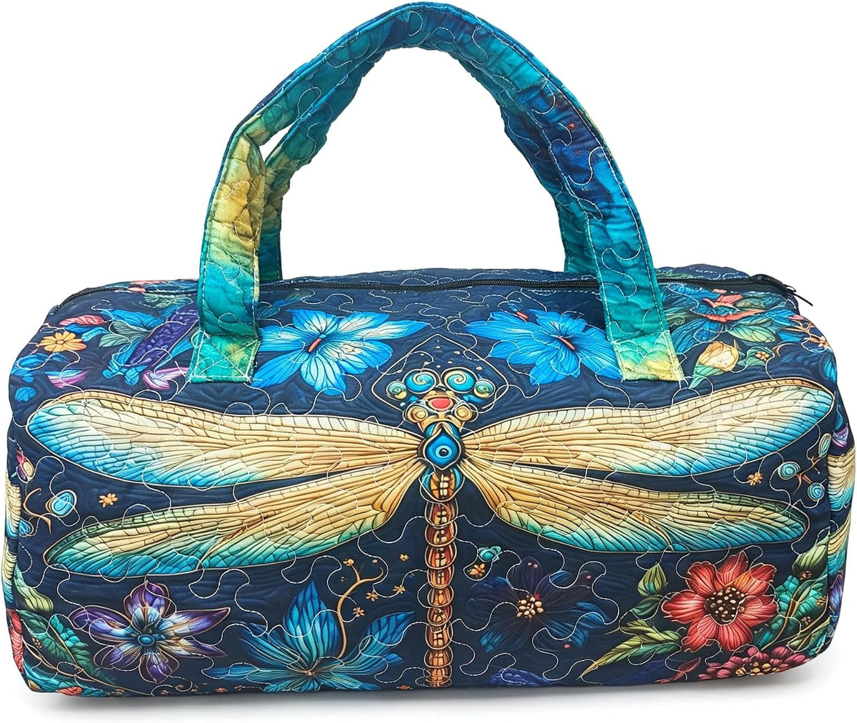 Women's Quilted Weekender Duffel Bag – Foldable Lightweight Travel Tote for Overnight Gym | 18"x9"x9", Colorful Patterns (Dragonfly)