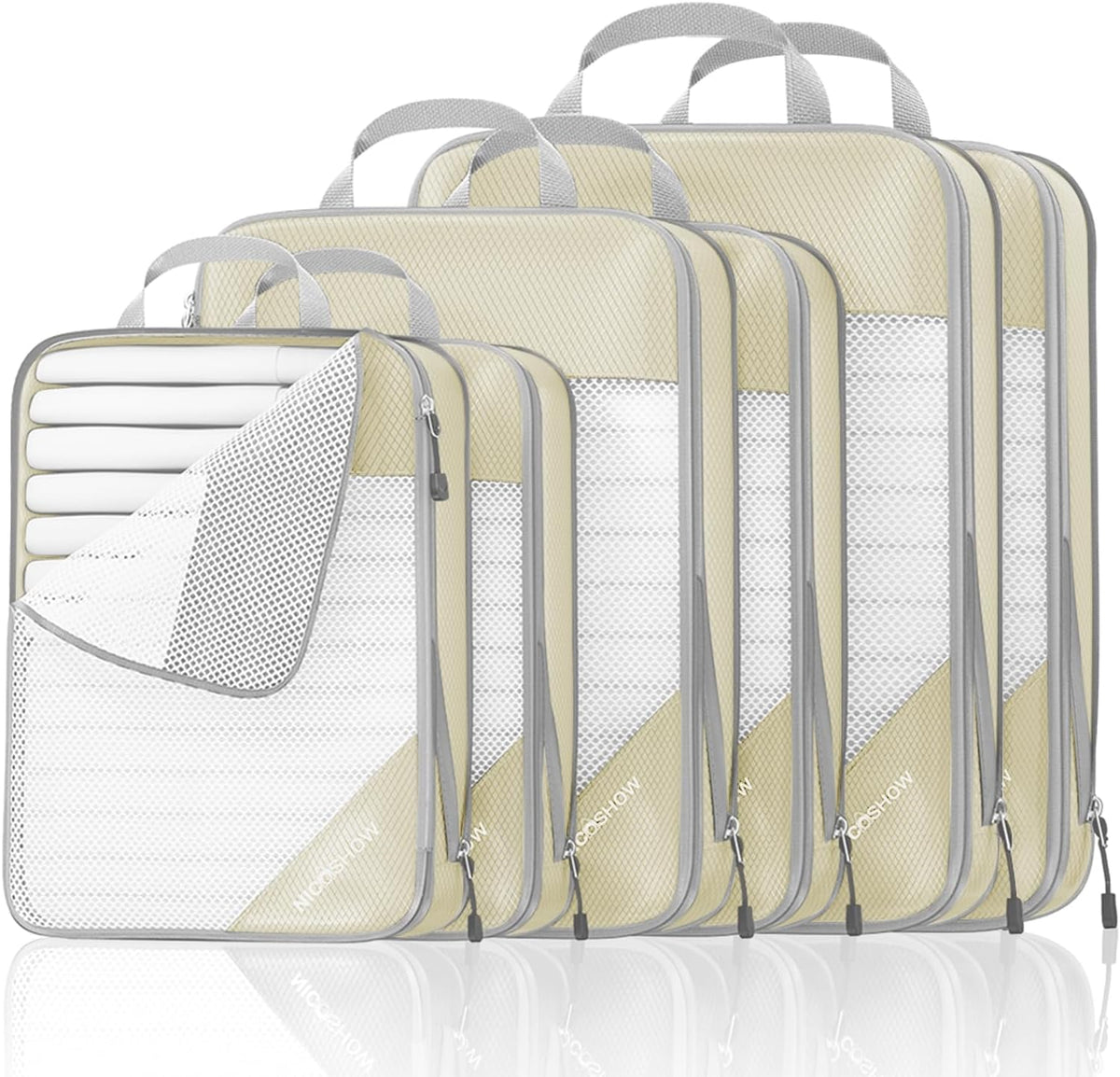 6 Set Compression Packing Cubes for Travel - Compressible, Lightweight, and Space-Saving Packing Cubes, Travel Essentials for Women, Grey
