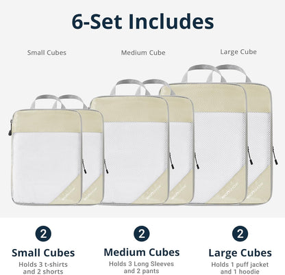 6 Set Compression Packing Cubes for Travel - Compressible, Lightweight, and Space-Saving Packing Cubes, Travel Essentials for Women, Grey