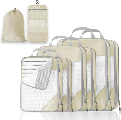 6 Set Compression Packing Cubes for Travel - Compressible, Lightweight, and Space-Saving Packing Cubes, Travel Essentials for Women, Grey