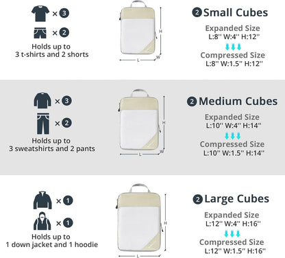 6 Set Compression Packing Cubes for Travel - Compressible, Lightweight, and Space-Saving Packing Cubes, Travel Essentials for Women, Grey