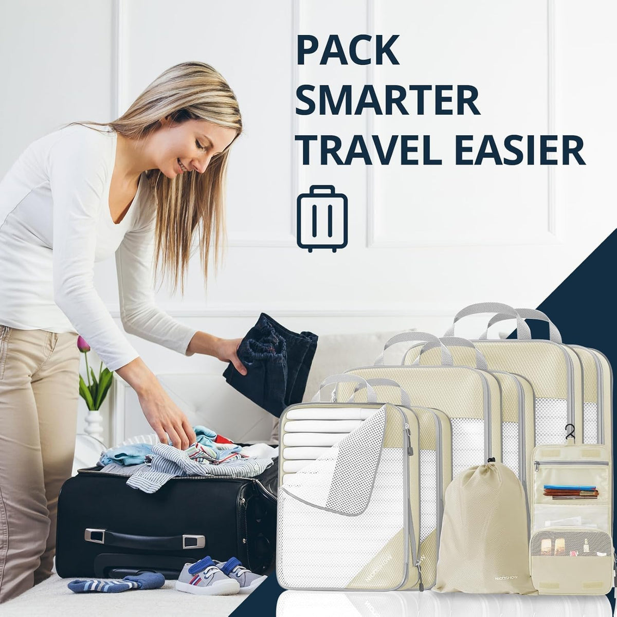 6 Set Compression Packing Cubes for Travel - Compressible, Lightweight, and Space-Saving Packing Cubes, Travel Essentials for Women, Grey