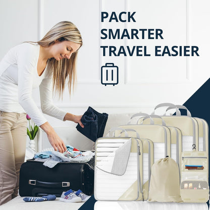 6 Set Compression Packing Cubes for Travel - Compressible, Lightweight, and Space-Saving Packing Cubes, Travel Essentials for Women, Grey