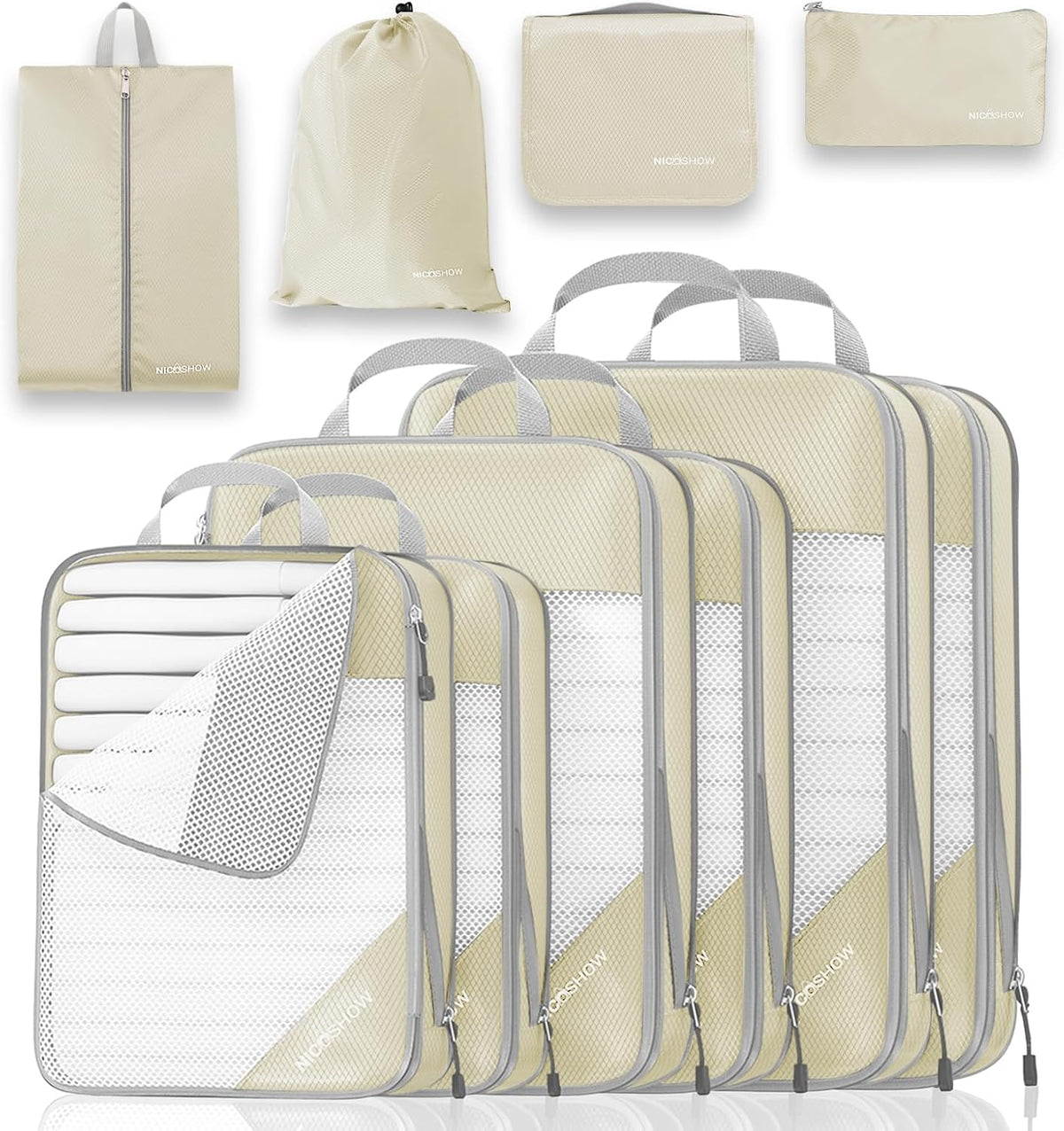 6 Set Compression Packing Cubes for Travel - Compressible, Lightweight, and Space-Saving Packing Cubes, Travel Essentials for Women, Grey