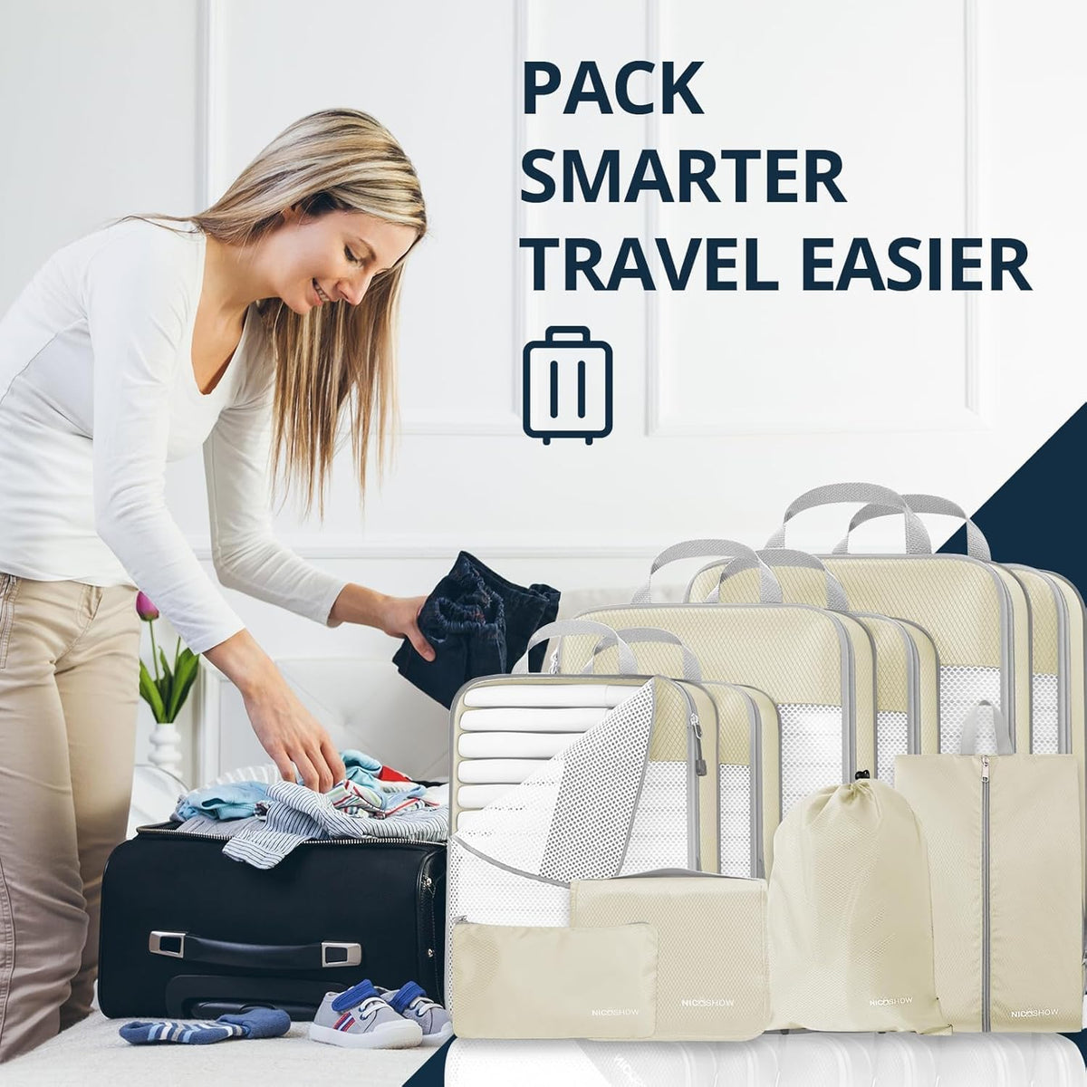 6 Set Compression Packing Cubes for Travel - Compressible, Lightweight, and Space-Saving Packing Cubes, Travel Essentials for Women, Grey