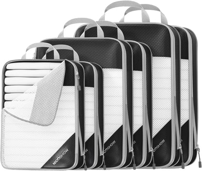 6 Set Compression Packing Cubes for Travel - Compressible, Lightweight, and Space-Saving Packing Cubes, Travel Essentials for Women, Grey