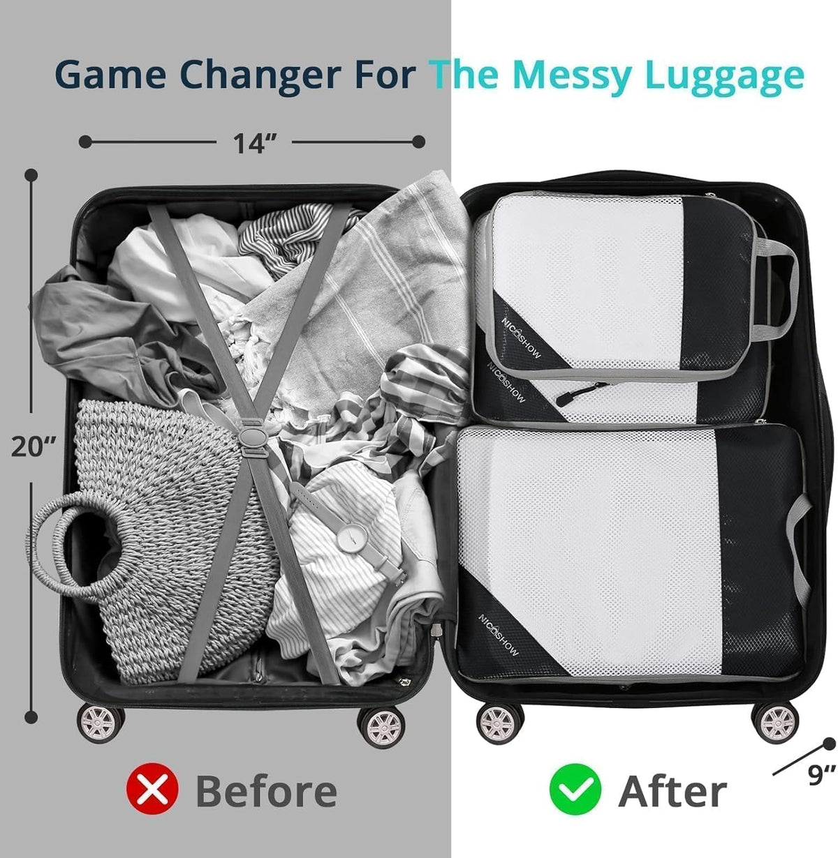 6 Set Compression Packing Cubes for Travel - Compressible, Lightweight, and Space-Saving Packing Cubes, Travel Essentials for Women, Grey