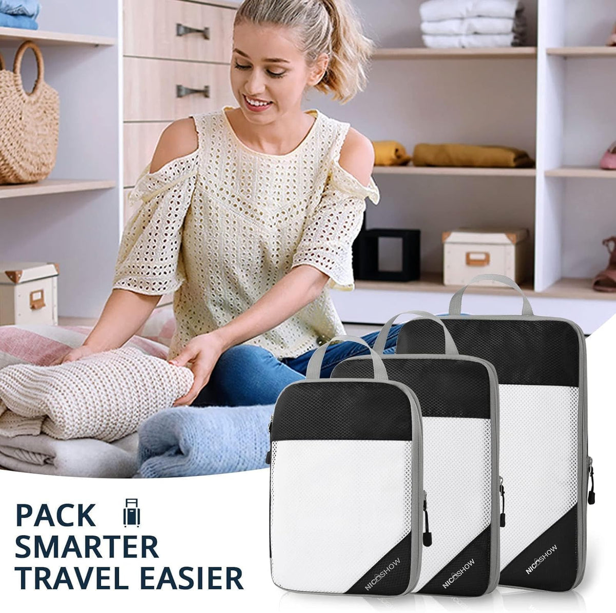 6 Set Compression Packing Cubes for Travel - Compressible, Lightweight, and Space-Saving Packing Cubes, Travel Essentials for Women, Grey
