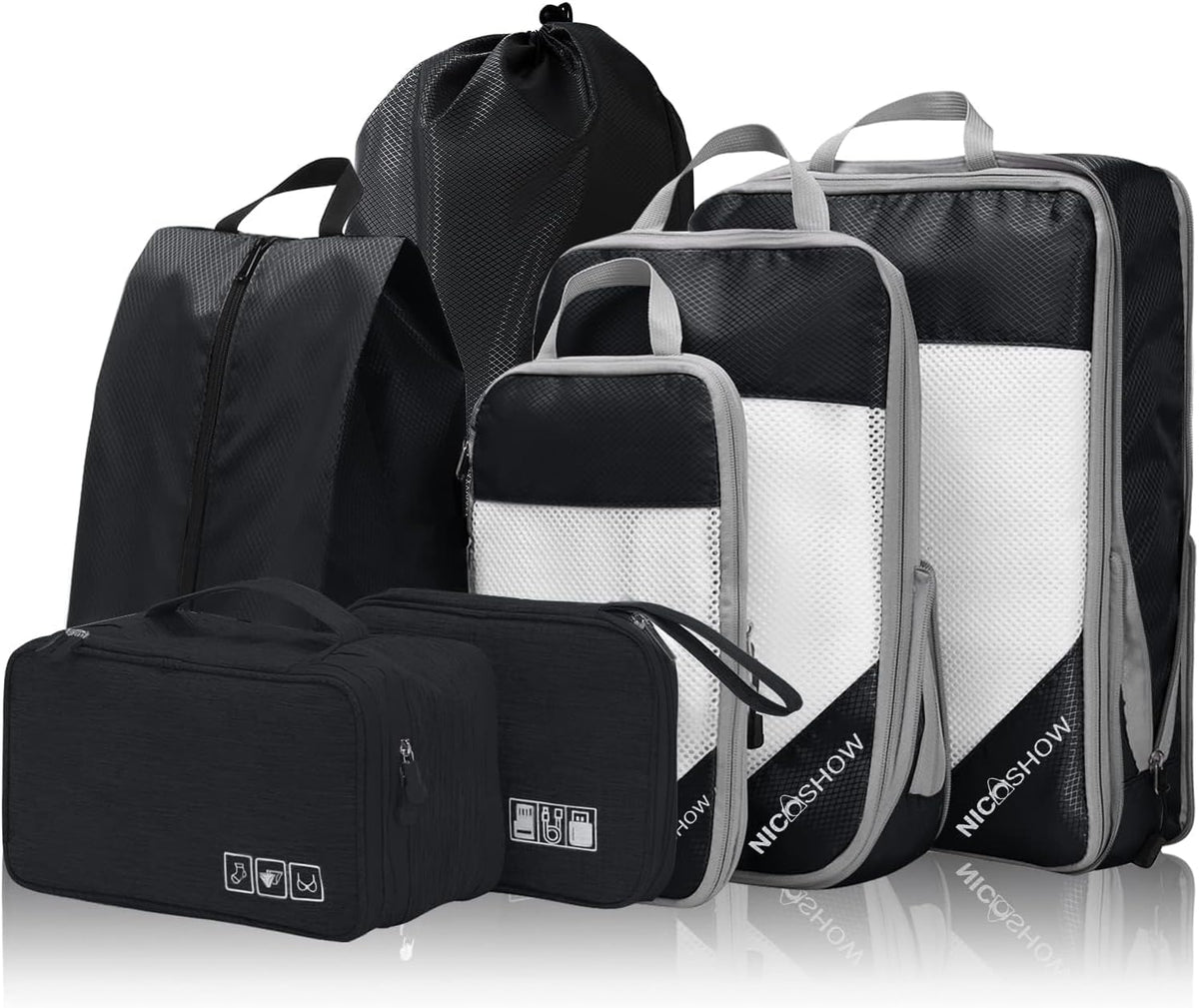 6 Set Compression Packing Cubes for Travel - Compressible, Lightweight, and Space-Saving Packing Cubes, Travel Essentials for Women, Grey