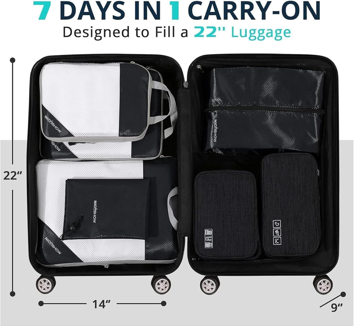 6 Set Compression Packing Cubes for Travel - Compressible, Lightweight, and Space-Saving Packing Cubes, Travel Essentials for Women, Grey