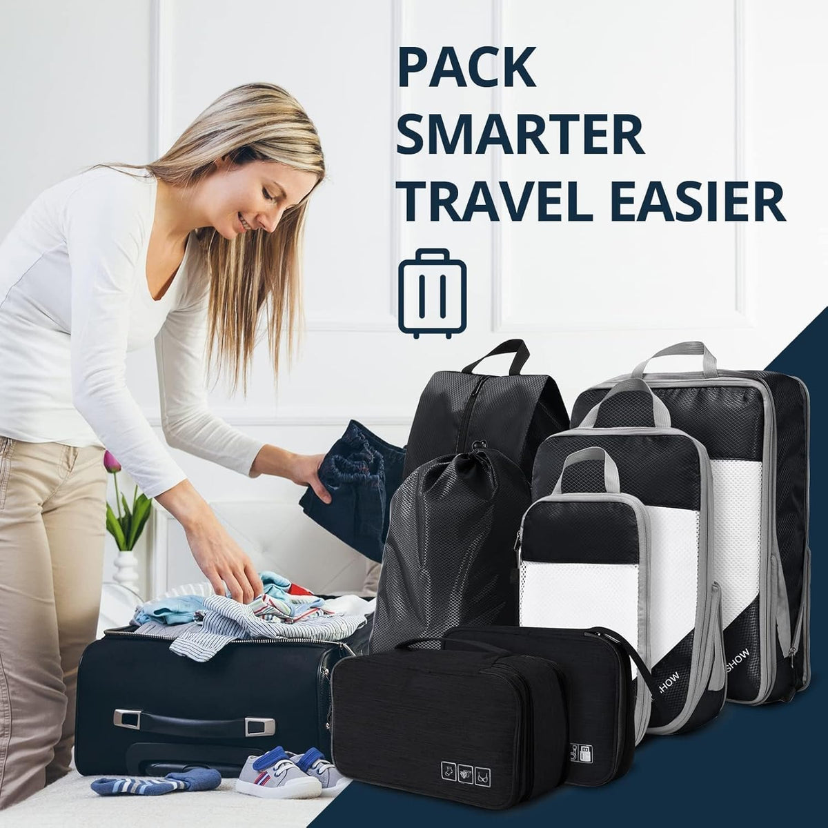 6 Set Compression Packing Cubes for Travel - Compressible, Lightweight, and Space-Saving Packing Cubes, Travel Essentials for Women, Grey
