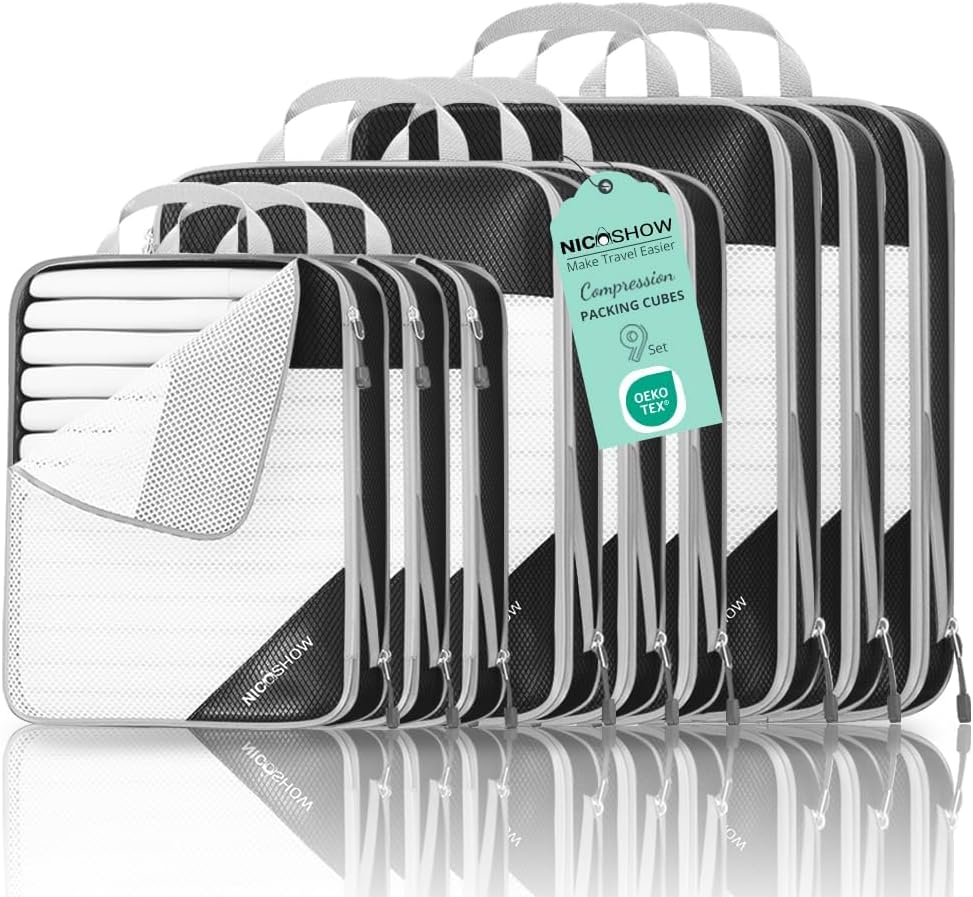 6 Set Compression Packing Cubes for Travel - Compressible, Lightweight, and Space-Saving Packing Cubes, Travel Essentials for Women, Grey