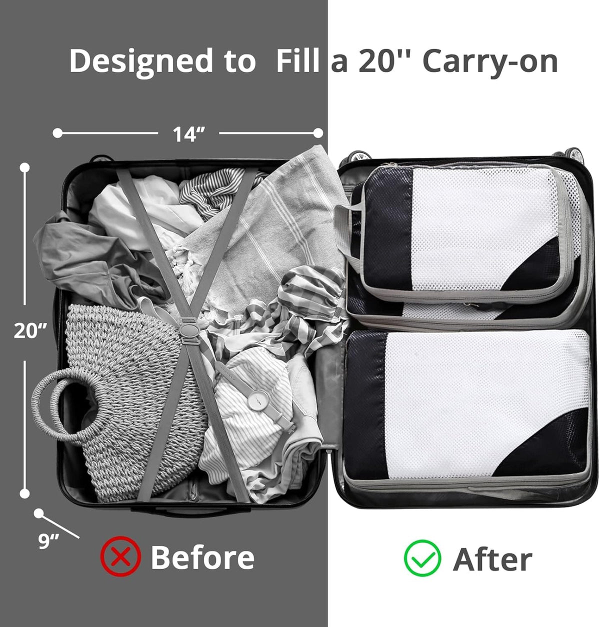 6 Set Compression Packing Cubes for Travel - Compressible, Lightweight, and Space-Saving Packing Cubes, Travel Essentials for Women, Grey