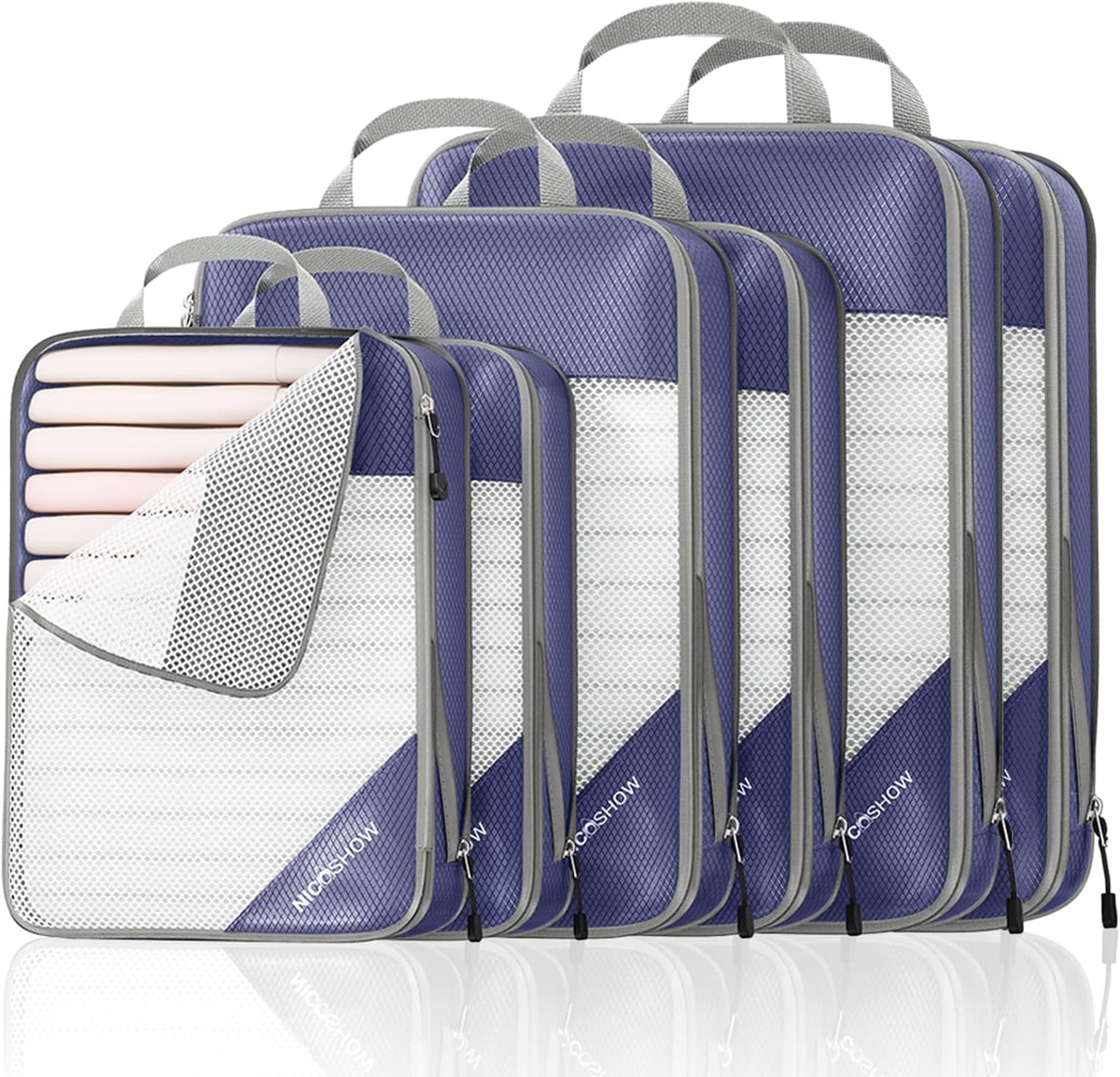 6 Set Compression Packing Cubes for Travel - Compressible, Lightweight, and Space-Saving Packing Cubes, Travel Essentials for Women, Grey