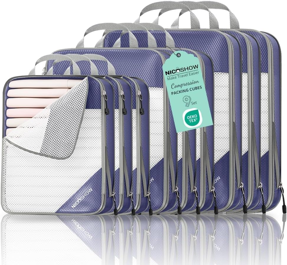 6 Set Compression Packing Cubes for Travel - Compressible, Lightweight, and Space-Saving Packing Cubes, Travel Essentials for Women, Grey