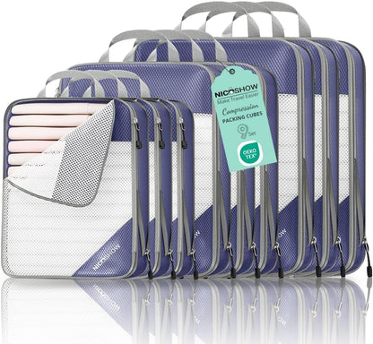 6 Set Compression Packing Cubes for Travel - Compressible, Lightweight, and Space-Saving Packing Cubes, Travel Essentials for Women, Grey