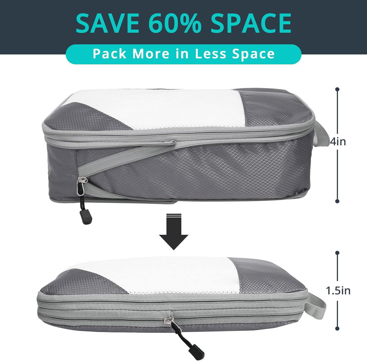 6 Set Compression Packing Cubes for Travel - Compressible, Lightweight, and Space-Saving Packing Cubes, Travel Essentials for Women, Grey