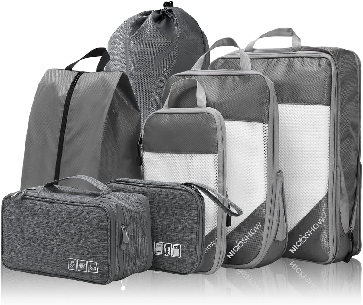 6 Set Compression Packing Cubes for Travel - Compressible, Lightweight, and Space-Saving Packing Cubes, Travel Essentials for Women, Grey