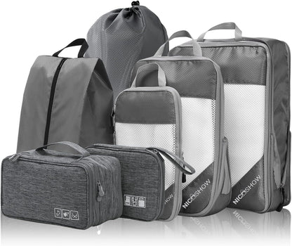 6 Set Compression Packing Cubes for Travel - Compressible, Lightweight, and Space-Saving Packing Cubes, Travel Essentials for Women, Grey