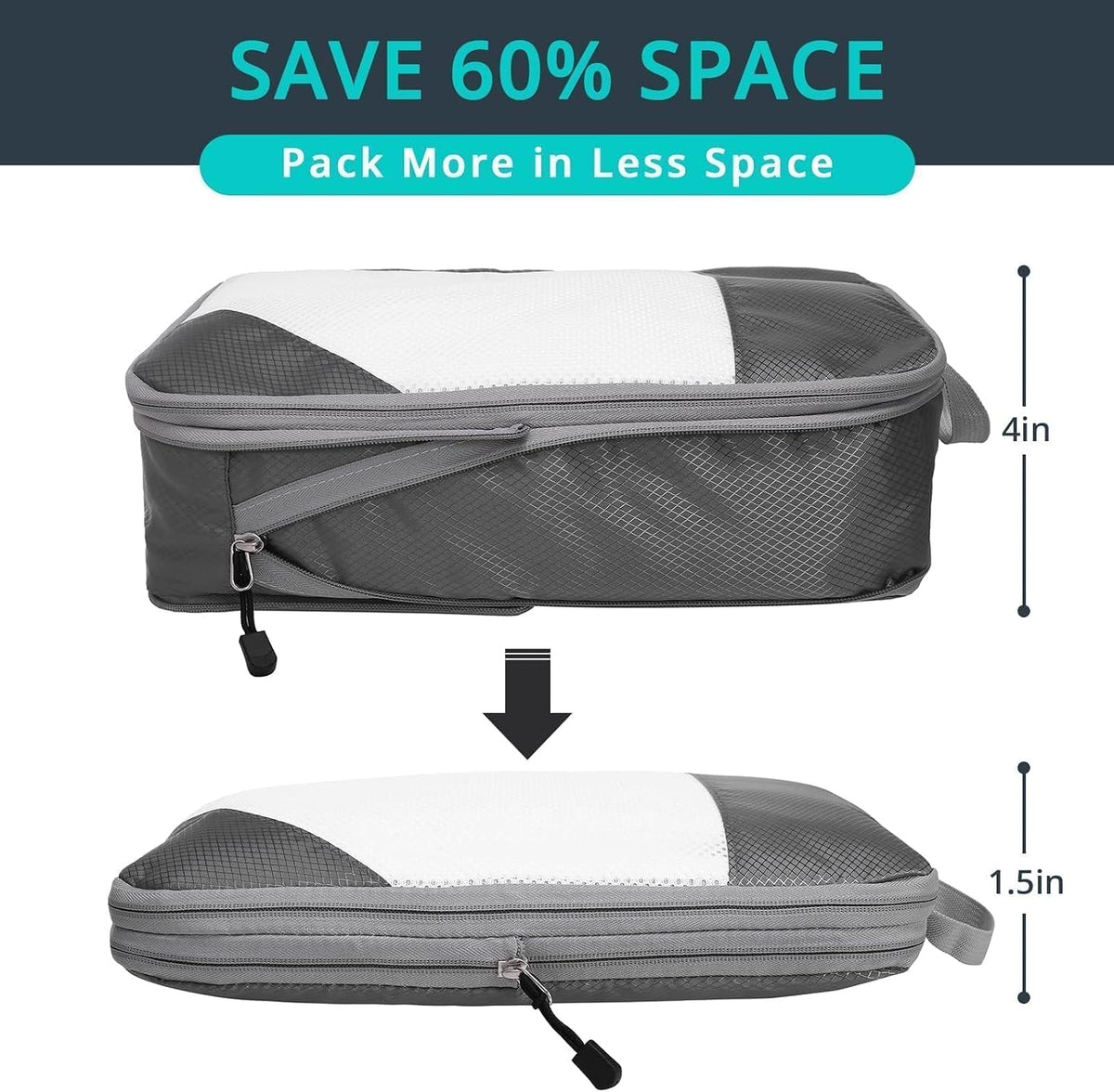 6 Set Compression Packing Cubes for Travel - Compressible, Lightweight, and Space-Saving Packing Cubes, Travel Essentials for Women, Grey