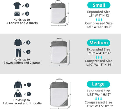 6 Set Compression Packing Cubes for Travel - Compressible, Lightweight, and Space-Saving Packing Cubes, Travel Essentials for Women, Grey