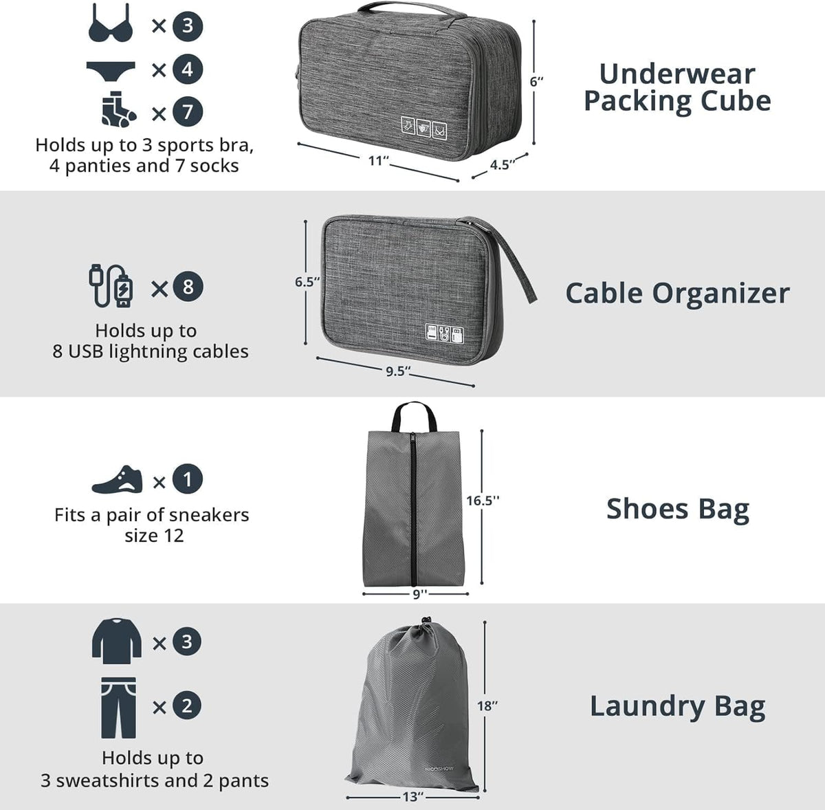 6 Set Compression Packing Cubes for Travel - Compressible, Lightweight, and Space-Saving Packing Cubes, Travel Essentials for Women, Grey