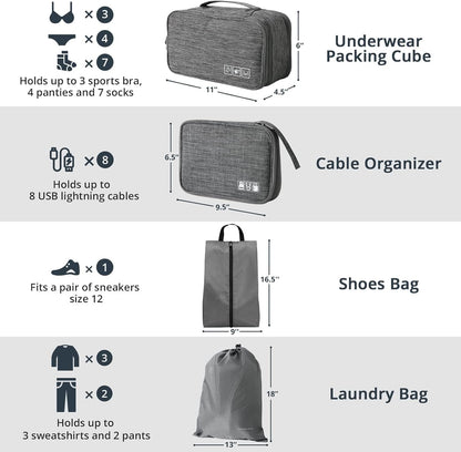 6 Set Compression Packing Cubes for Travel - Compressible, Lightweight, and Space-Saving Packing Cubes, Travel Essentials for Women, Grey
