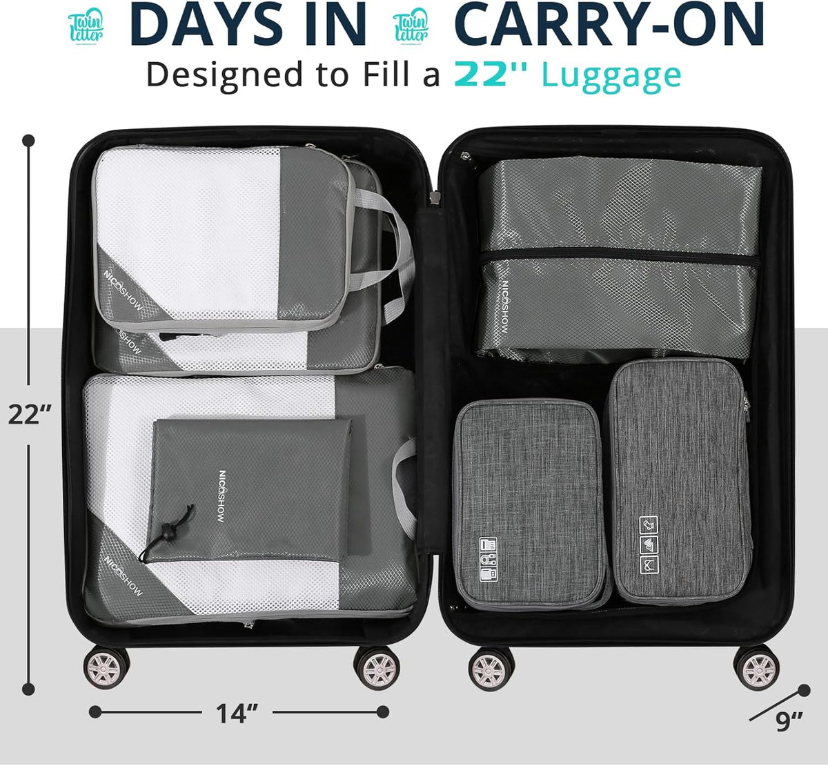 6 Set Compression Packing Cubes for Travel - Compressible, Lightweight, and Space-Saving Packing Cubes, Travel Essentials for Women, Grey