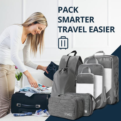 6 Set Compression Packing Cubes for Travel - Compressible, Lightweight, and Space-Saving Packing Cubes, Travel Essentials for Women, Grey