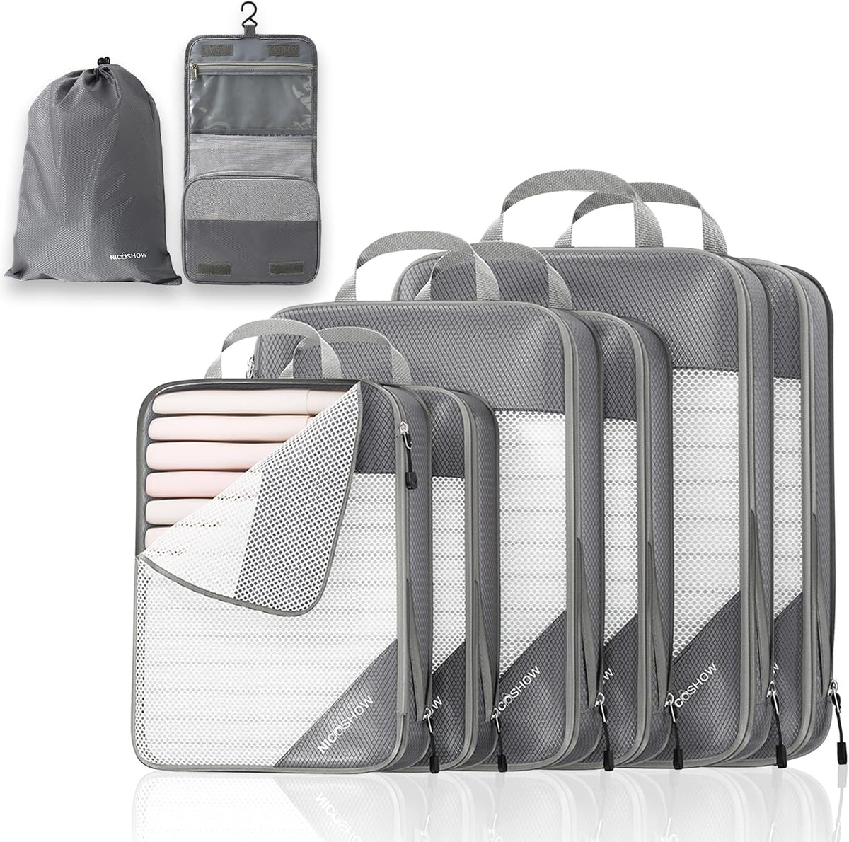 6 Set Compression Packing Cubes for Travel - Compressible, Lightweight, and Space-Saving Packing Cubes, Travel Essentials for Women, Grey