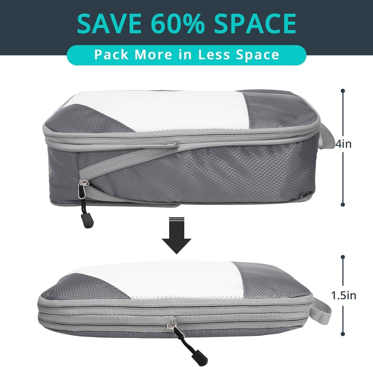 6 Set Compression Packing Cubes for Travel - Compressible, Lightweight, and Space-Saving Packing Cubes, Travel Essentials for Women, Grey