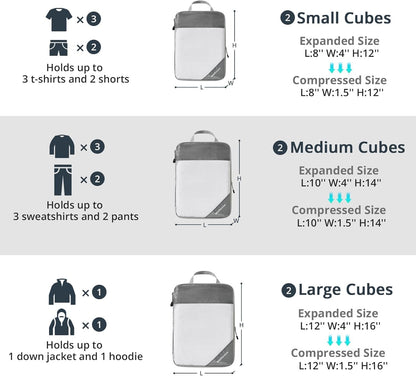 6 Set Compression Packing Cubes for Travel - Compressible, Lightweight, and Space-Saving Packing Cubes, Travel Essentials for Women, Grey