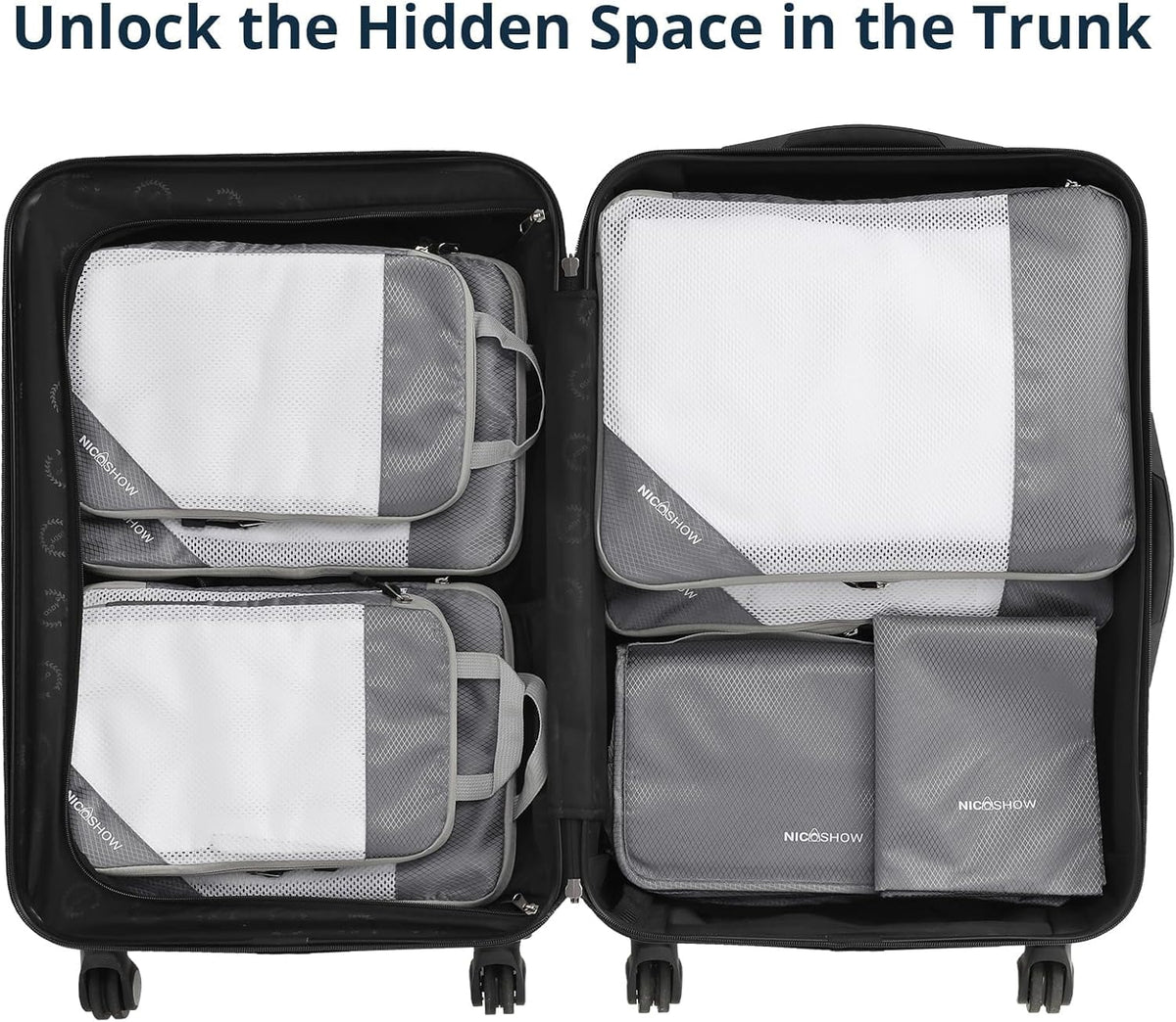 6 Set Compression Packing Cubes for Travel - Compressible, Lightweight, and Space-Saving Packing Cubes, Travel Essentials for Women, Grey