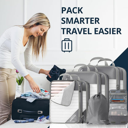 6 Set Compression Packing Cubes for Travel - Compressible, Lightweight, and Space-Saving Packing Cubes, Travel Essentials for Women, Grey