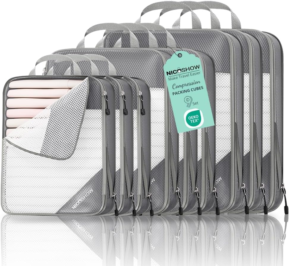 6 Set Compression Packing Cubes for Travel - Compressible, Lightweight, and Space-Saving Packing Cubes, Travel Essentials for Women, Grey