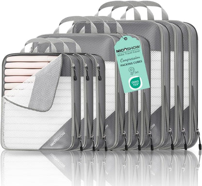6 Set Compression Packing Cubes for Travel - Compressible, Lightweight, and Space-Saving Packing Cubes, Travel Essentials for Women, Grey