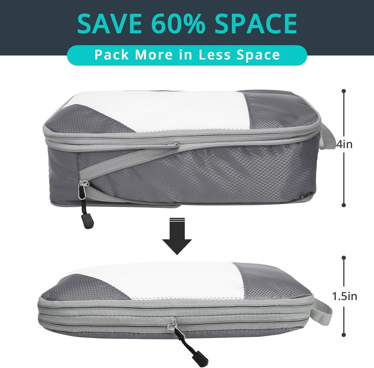 6 Set Compression Packing Cubes for Travel - Compressible, Lightweight, and Space-Saving Packing Cubes, Travel Essentials for Women, Grey
