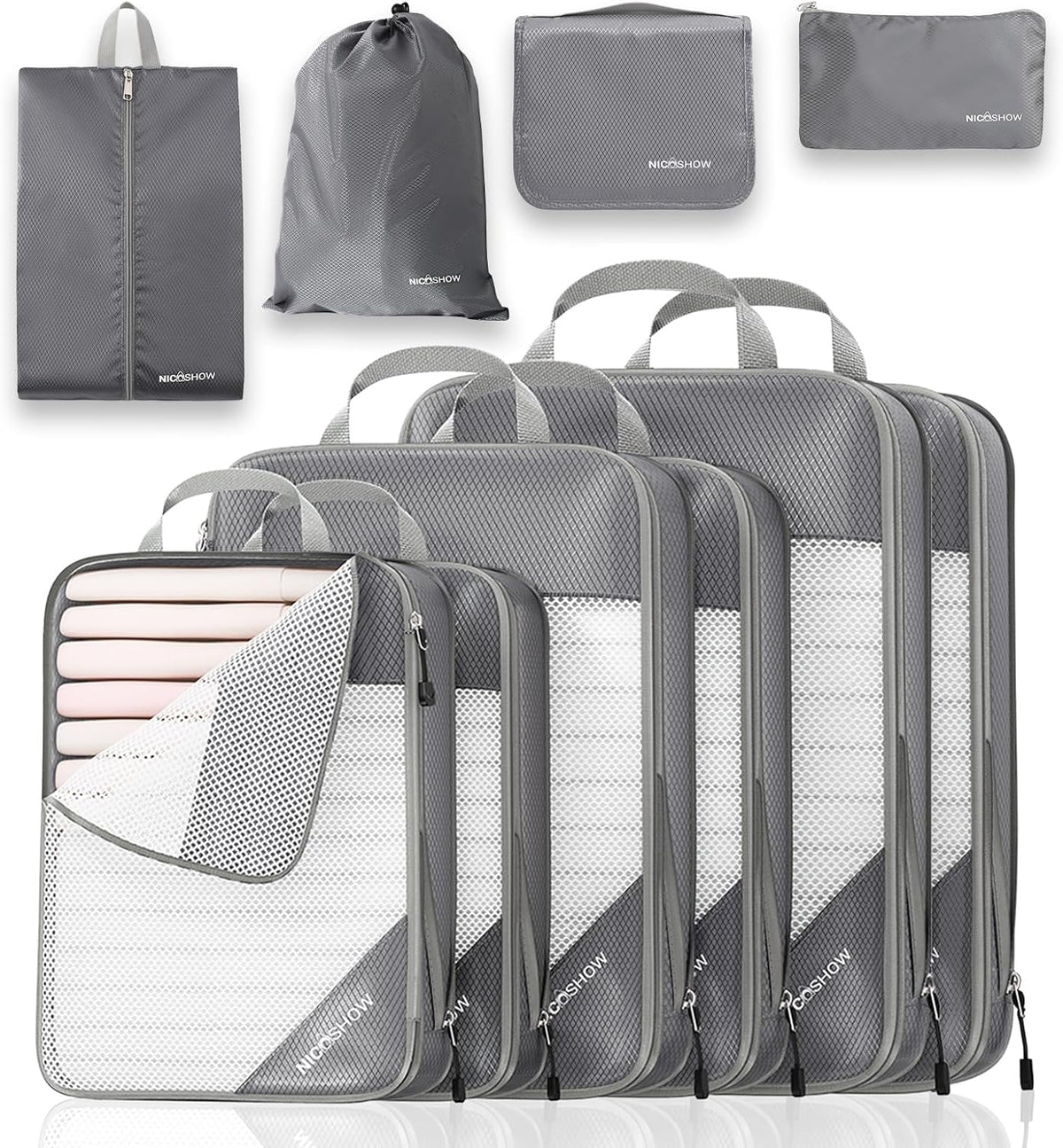 6 Set Compression Packing Cubes for Travel - Compressible, Lightweight, and Space-Saving Packing Cubes, Travel Essentials for Women, Grey