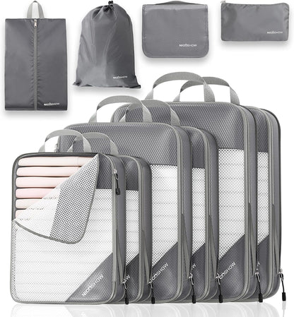 6 Set Compression Packing Cubes for Travel - Compressible, Lightweight, and Space-Saving Packing Cubes, Travel Essentials for Women, Grey