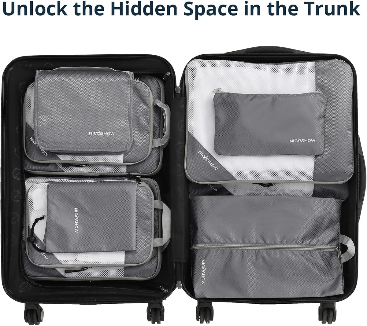 6 Set Compression Packing Cubes for Travel - Compressible, Lightweight, and Space-Saving Packing Cubes, Travel Essentials for Women, Grey