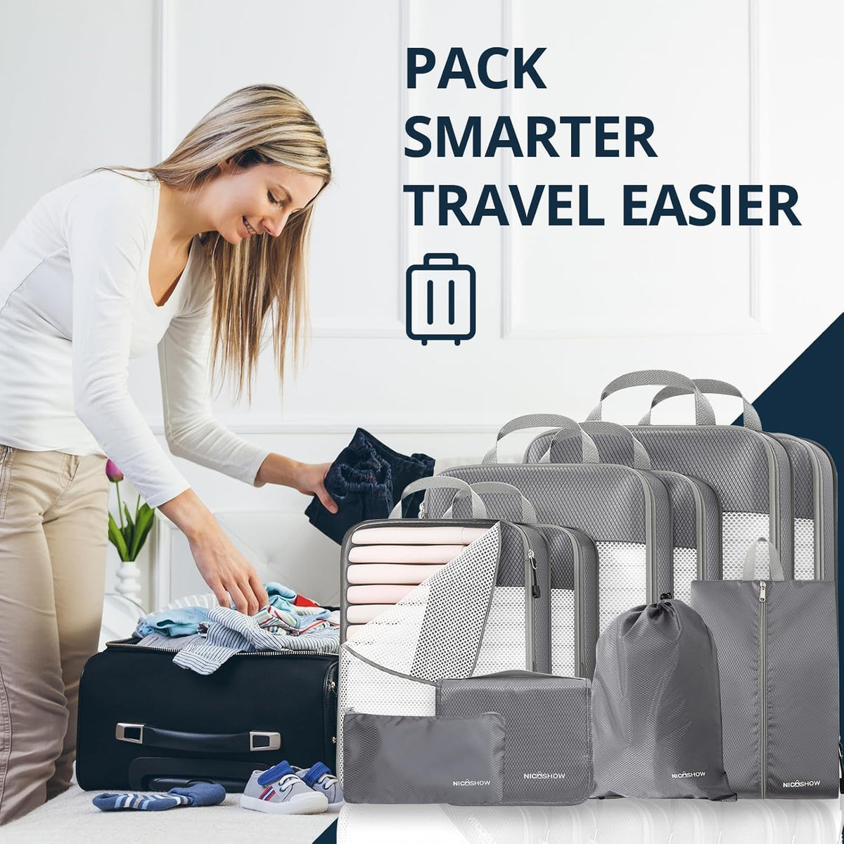 6 Set Compression Packing Cubes for Travel - Compressible, Lightweight, and Space-Saving Packing Cubes, Travel Essentials for Women, Grey