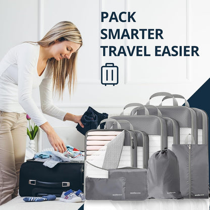 6 Set Compression Packing Cubes for Travel - Compressible, Lightweight, and Space-Saving Packing Cubes, Travel Essentials for Women, Grey
