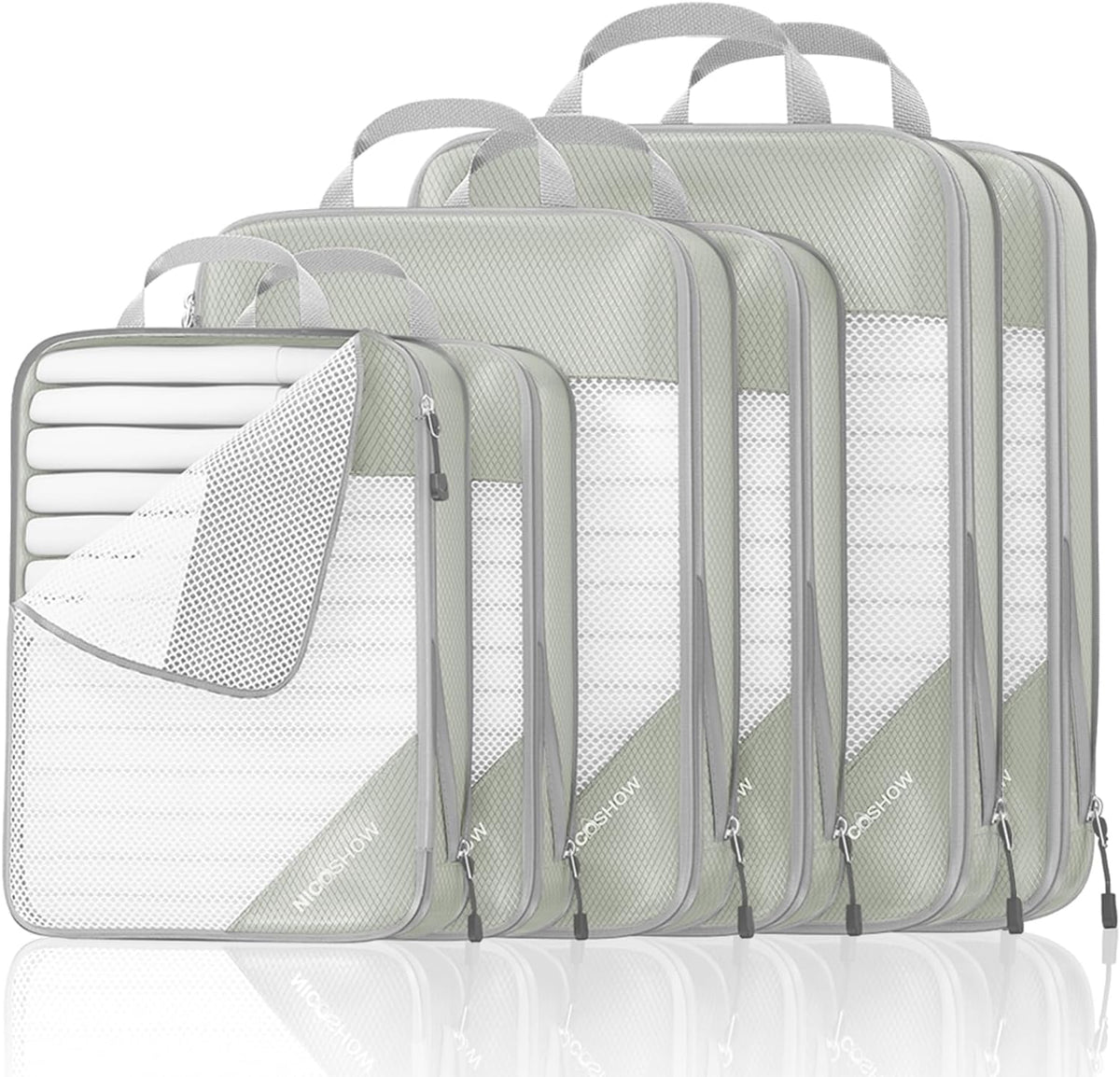 6 Set Compression Packing Cubes for Travel - Compressible, Lightweight, and Space-Saving Packing Cubes, Travel Essentials for Women, Grey