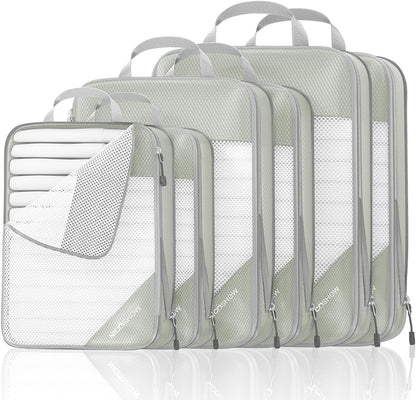 6 Set Compression Packing Cubes for Travel - Compressible, Lightweight, and Space-Saving Packing Cubes, Travel Essentials for Women, Grey