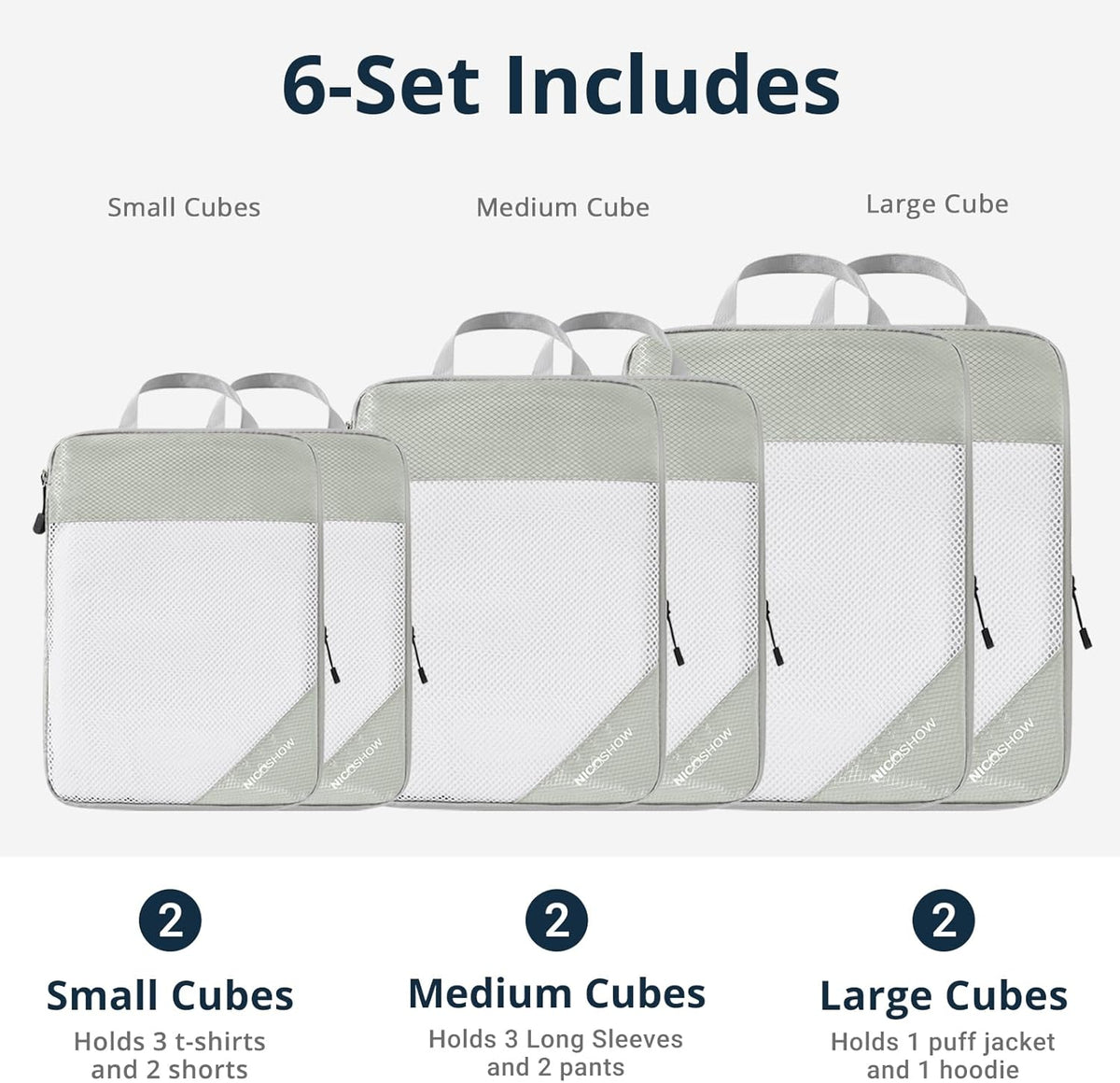 6 Set Compression Packing Cubes for Travel - Compressible, Lightweight, and Space-Saving Packing Cubes, Travel Essentials for Women, Grey